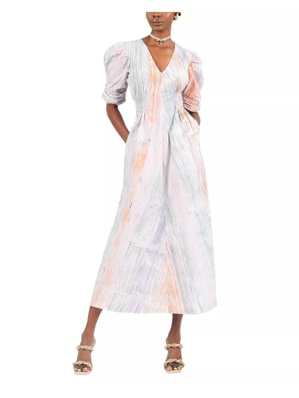 485$ Busayo Adu Abstract-Print Fit & Flare Midi Dress Puff Sleeves Size S White